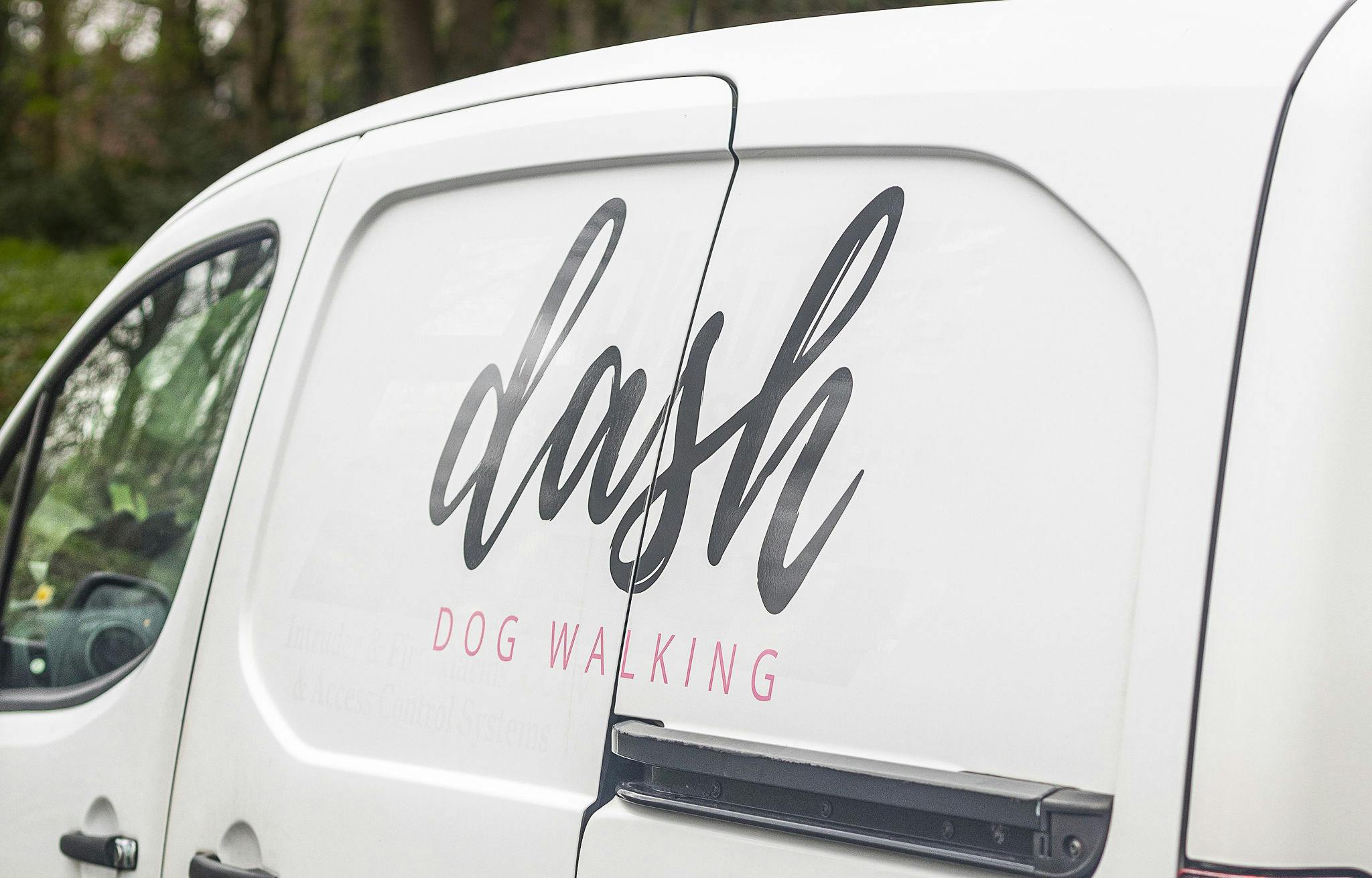 Photo of DASH Dog Walkers white van with DASH logo on the sliding door